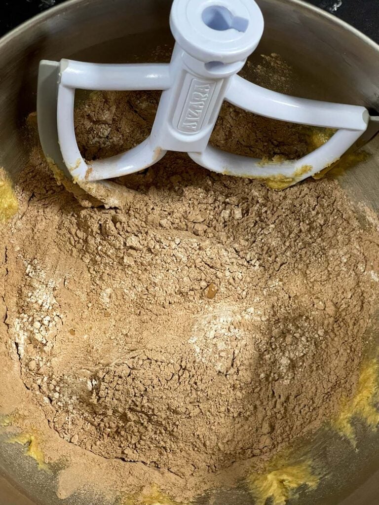 Dry ingredients added to the wet ingredients for chocolate peppermint biscotti.