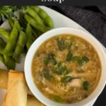 Hot and sour soup in a light bowl on a square plate with edamame and spring rolls.