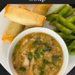Hot and sour soup in a light bowl on a square plate with edamame and spring rolls.