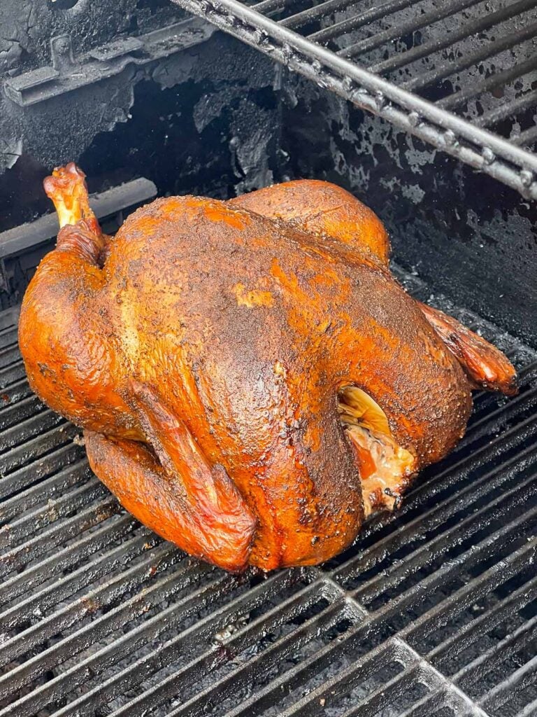 A whole smoked turkey on a smoker.