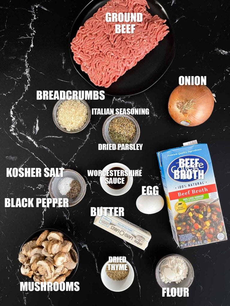 Ingredients needed to make salisbury steak with mushroom gravy.