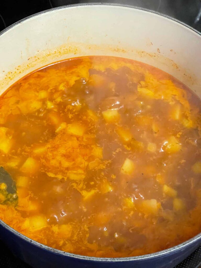 The beginnings of Brunswick stew simmering in a dutch oven.