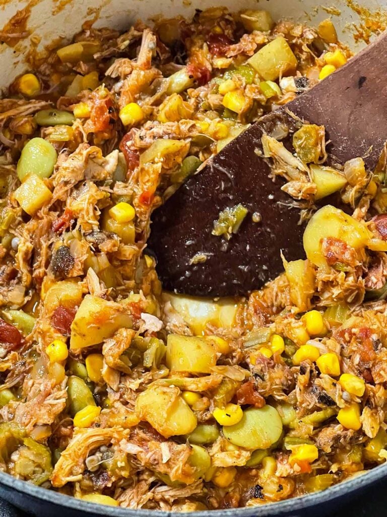 A thick Brunswick stew in a dutch oven.