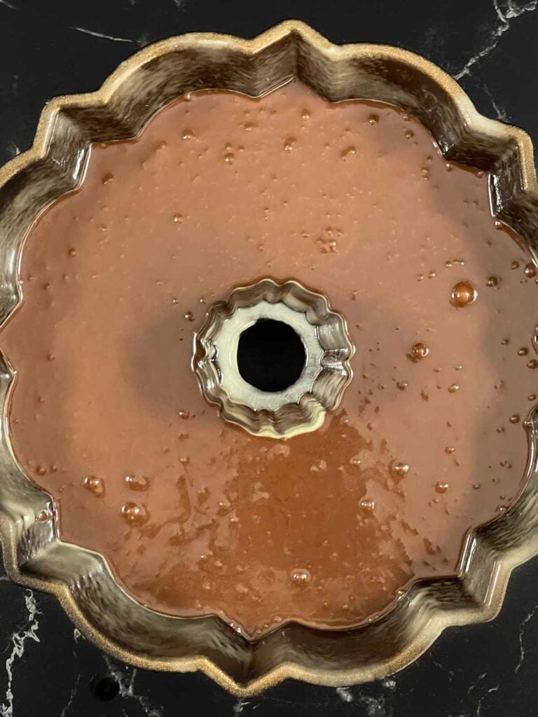 Kahlua chocolate cake batter poured into the bundt pan.