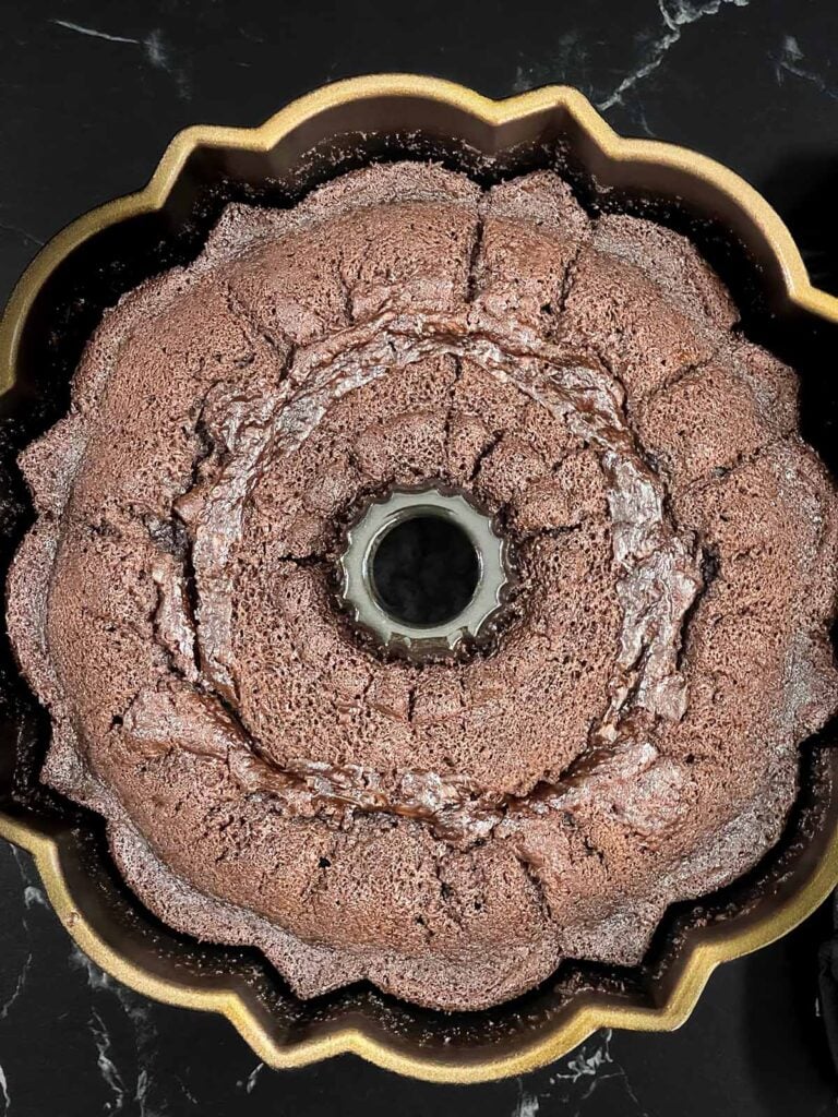 Chocolate Kahlua cake baked in a bundt pan.