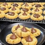 Peanut butter blossoms stacked on a dark plate on a dark surface.