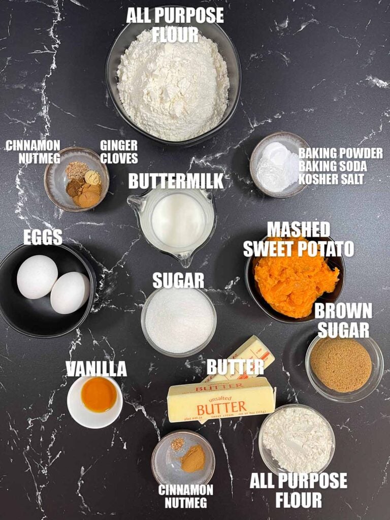 Sweet potato coffee cake recipe ingredients on a dark surface.