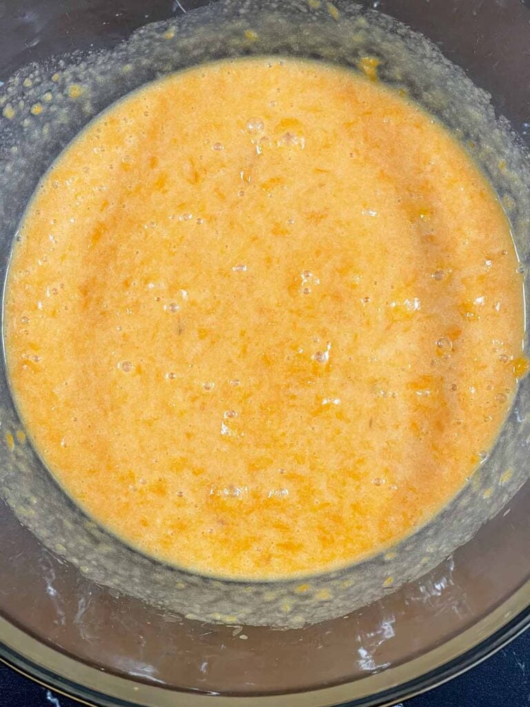 Mashed sweet potatoes and vanilla extract beat into the wet ingredients for the sweet potato coffee cake recipe.