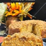 A single slice of sweet potato coffee cake on a dark plate.