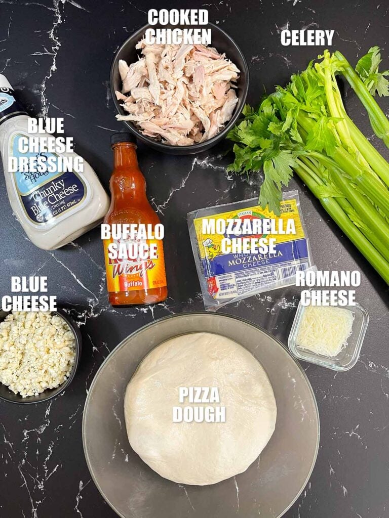 Ingredients needed to make Buffalo Chicken Pizza.