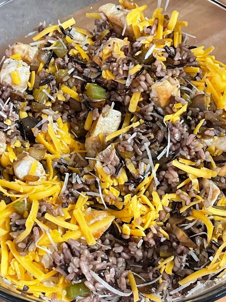 chicken and wild rice mixture in a bowl.