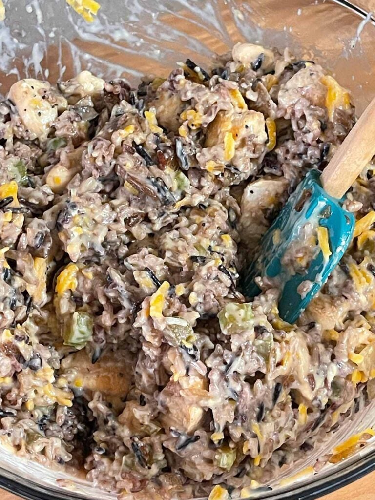 Chicken and wild rice mixture in a bowl.