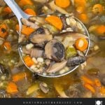 Mushroom barley soup ladled over the pot.