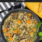 Mushroom barley soup in a dark bowl garnished with minced parsley and fresh thyme.
