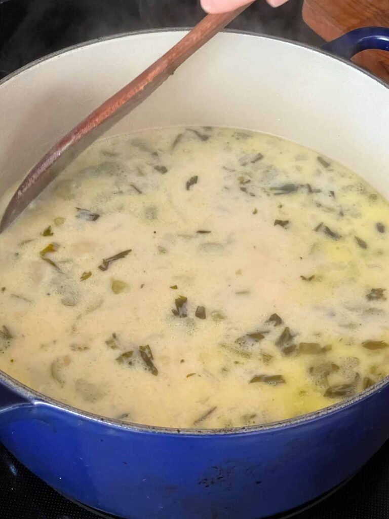 Creamy potato soup in a large Dutch oven.