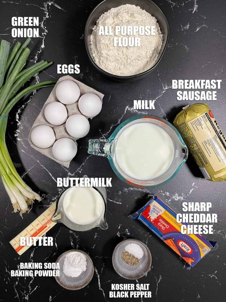 Ingredients for biscuits and gravy breakfast casserole.