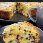 A slice of chocolate chip ricotta cake garnished with powdered sugar on a dark plate.