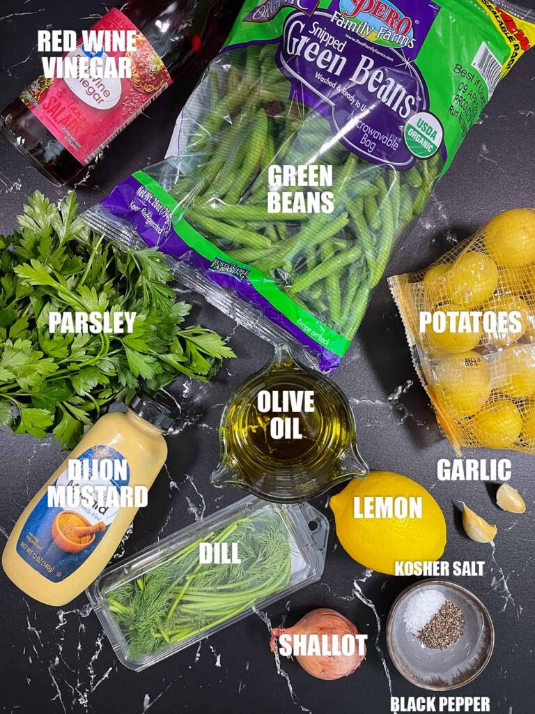 Ingredients for green bean potato salad with lemon dill dressing recipe.