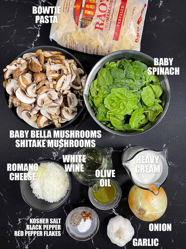 Ingredients needed to make Spinach and Mushroom Pasta.