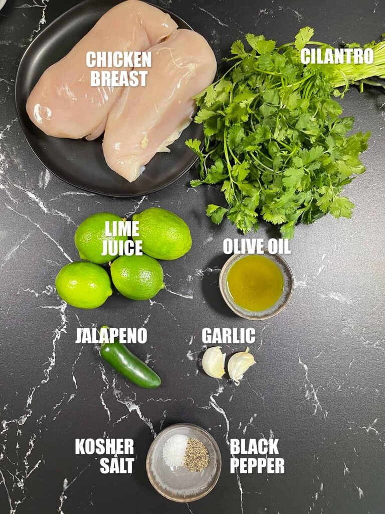 Ingredients needed to make Cilantro lime grilled chicken skewers.