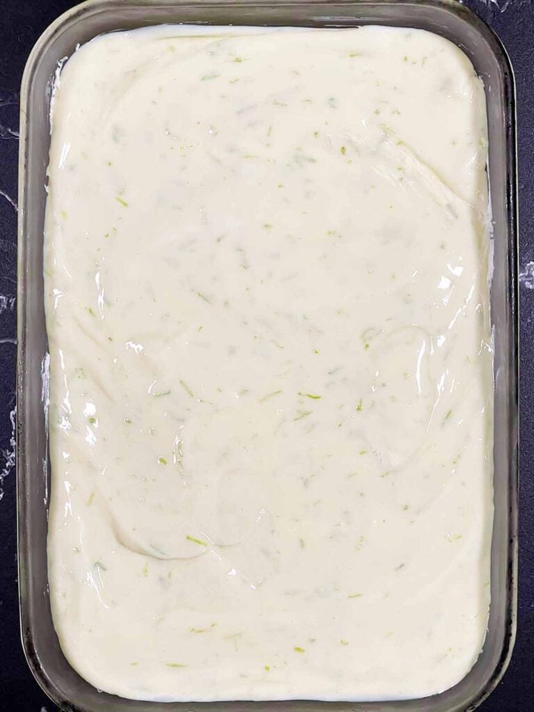 Key Lime milk mixture spread over the cream cheese layer.