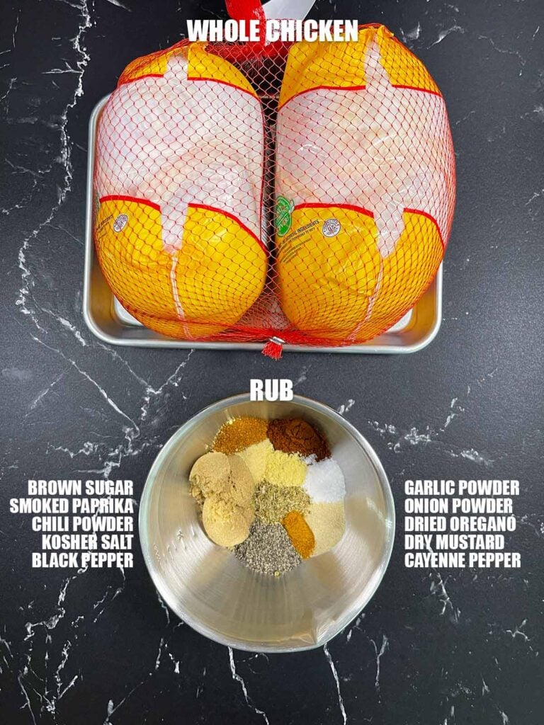 Raw chickin in its package with some rub ingredients in a bowl.