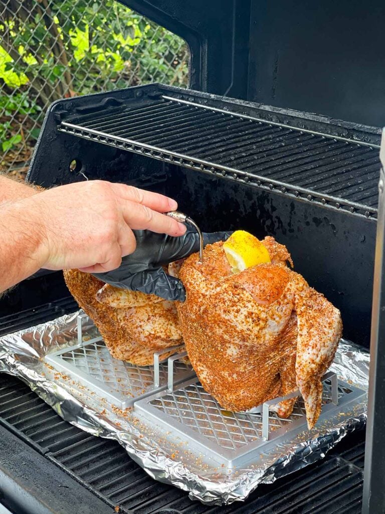 Two chickens on a beer can stands in a smoker having a temperature probe inserted.