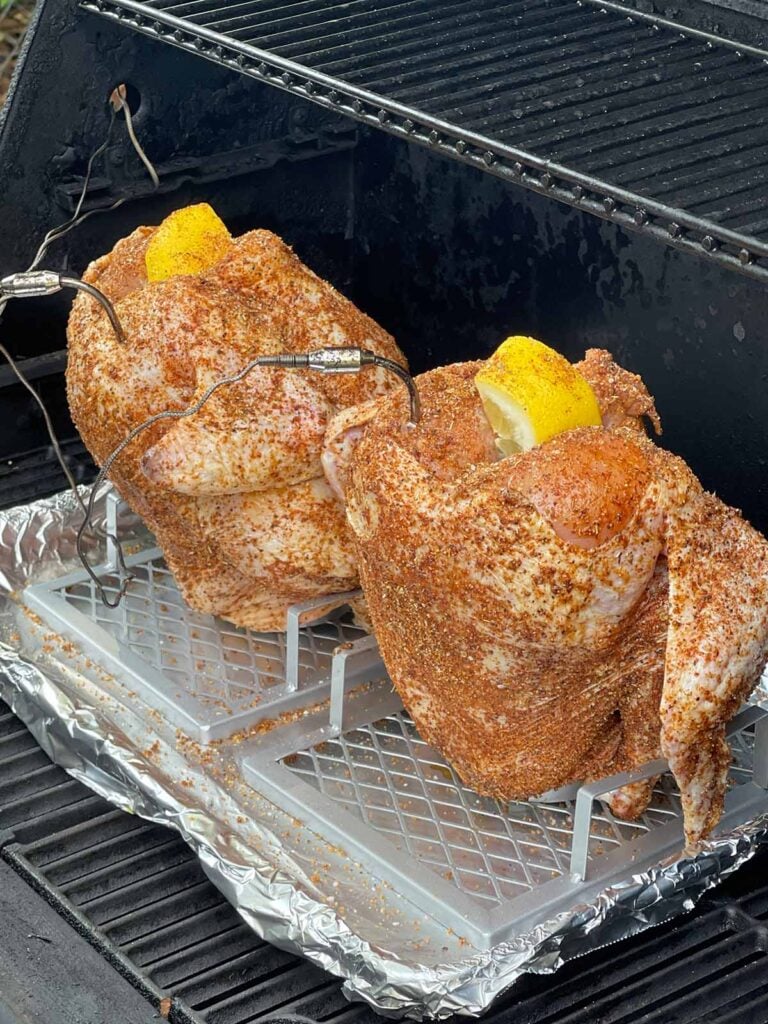 Two chickens on a beer can stands in a smoker.