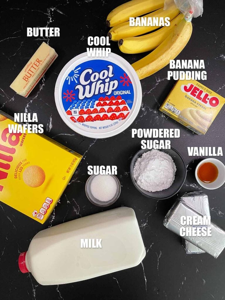 Banana pudding lush recipe ingredients on a dark surface.