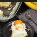 A slice of banana pudding lush on a dark plate garnished with crushed vanilla wafers.