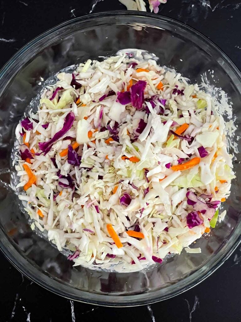 Coleslaw mix added to the creamy homemade dressing.