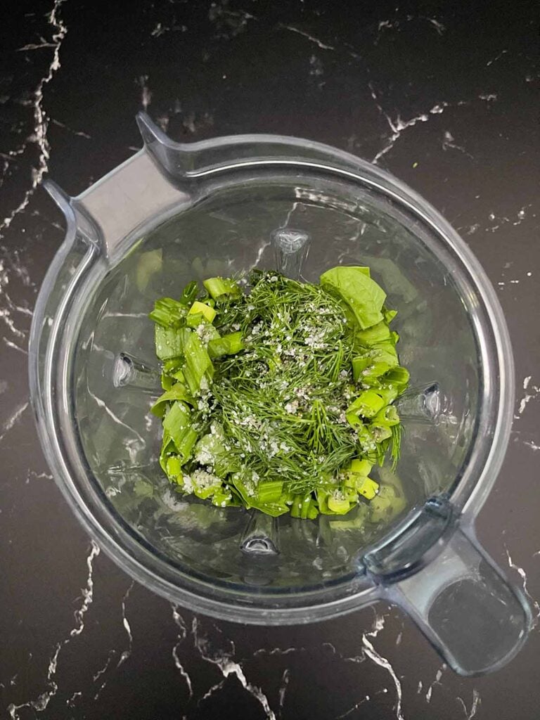 Green Goddess Salad dressing ingredients in a blender.