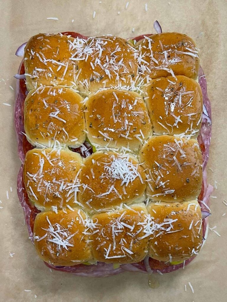 Romano cheese on top of sliders
