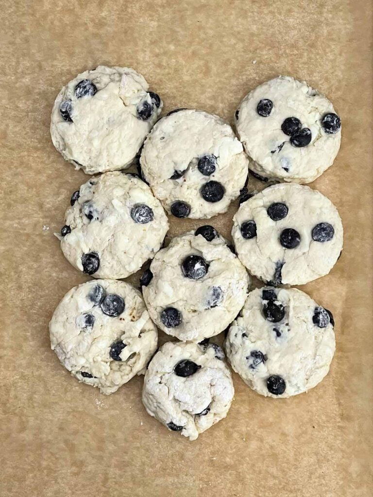 Unbaked blueberry biscuits arranged close together on a parchment-lined baking sheet.