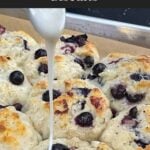 Vanilla glaze drizzled over warm blueberry biscuits.