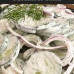 Close-up of creamy cucumber salad made with English cucumbers, fresh dill, and sour cream dressing.