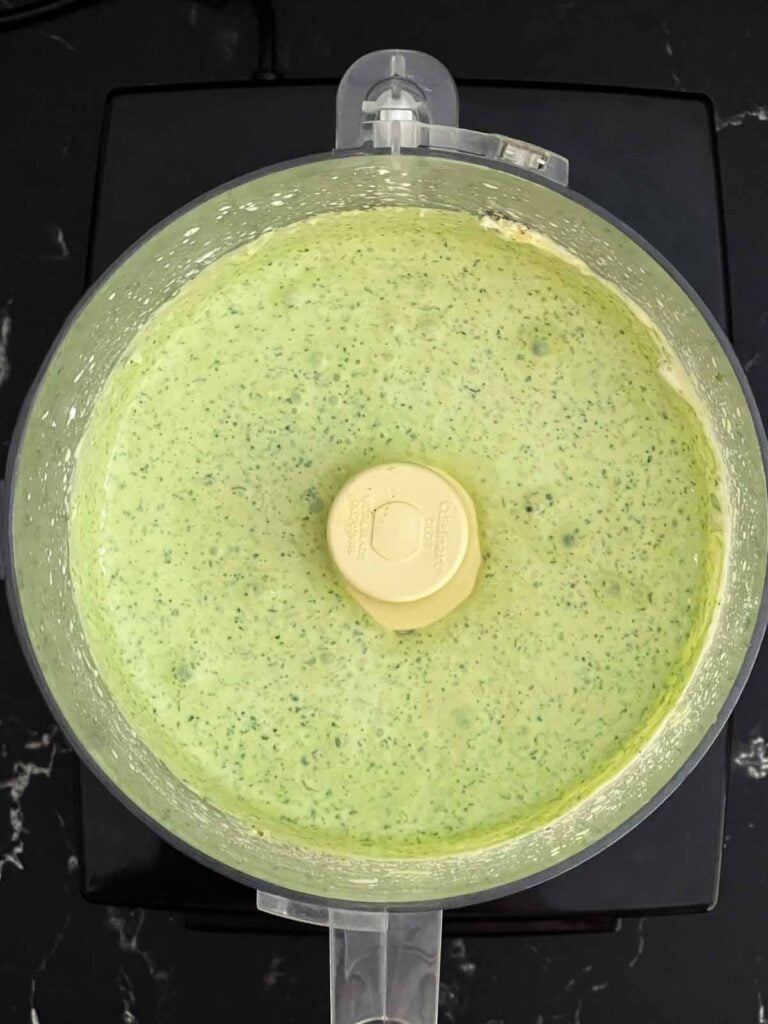 Jalapeno cilantro sauce in a food processor.
