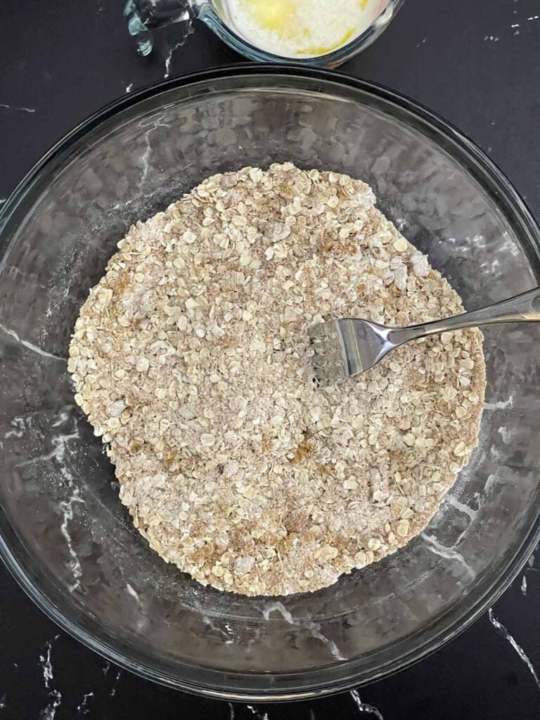 Quick oats, flour, brown sugar, cinnamon, nutmeg, and salt mixed together to make the buttery crisp topping.