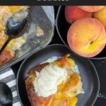 A warm serving of old-fashioned peach cobbler topped with a scoop of vanilla ice cream.