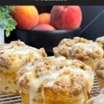 Close-up of a peach muffin with cinnamon streusel and sweet peach glaze.