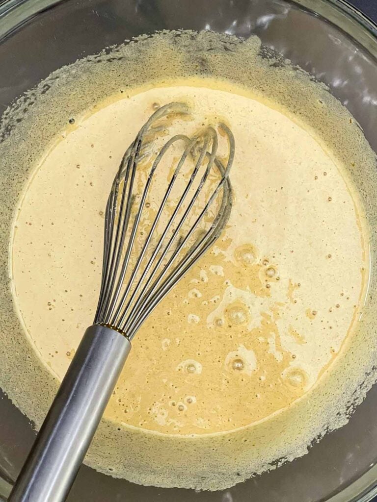 Granulated sugar, brown sugar, and eggs whisked until pale and fluffy.