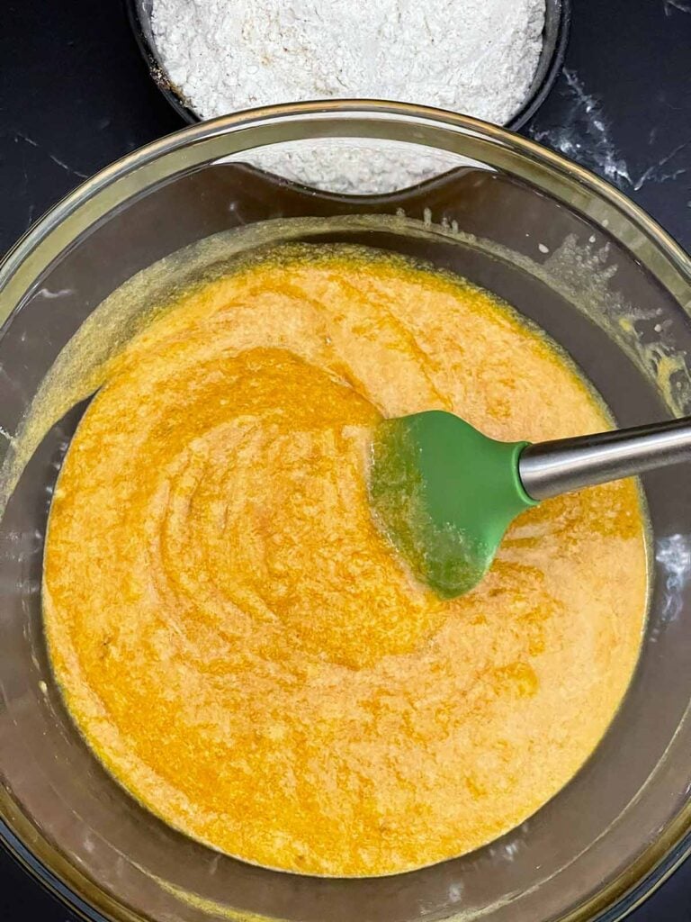Mashed bananas and pumpkin puree mixed into the wet ingredients.