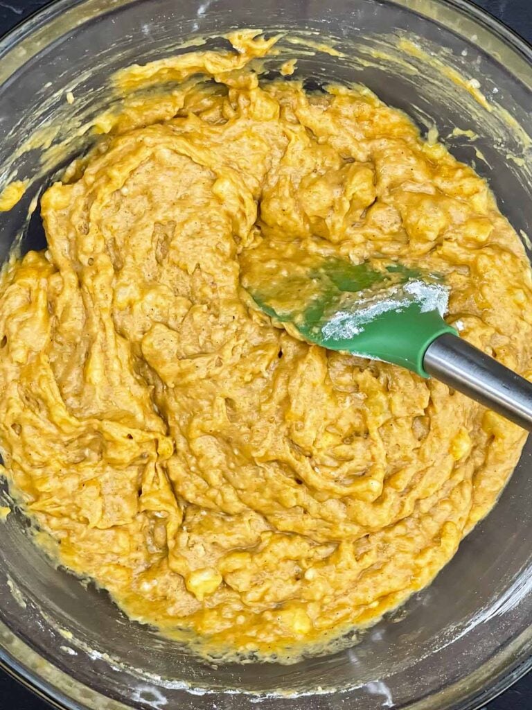 Pumpkin banana bread batter mixed until just combined.