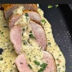 Sliced oven baked pork tenderloin topped with creamy Dijon pan sauce.