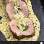 Sliced oven baked pork tenderloin topped with creamy Dijon pan sauce.