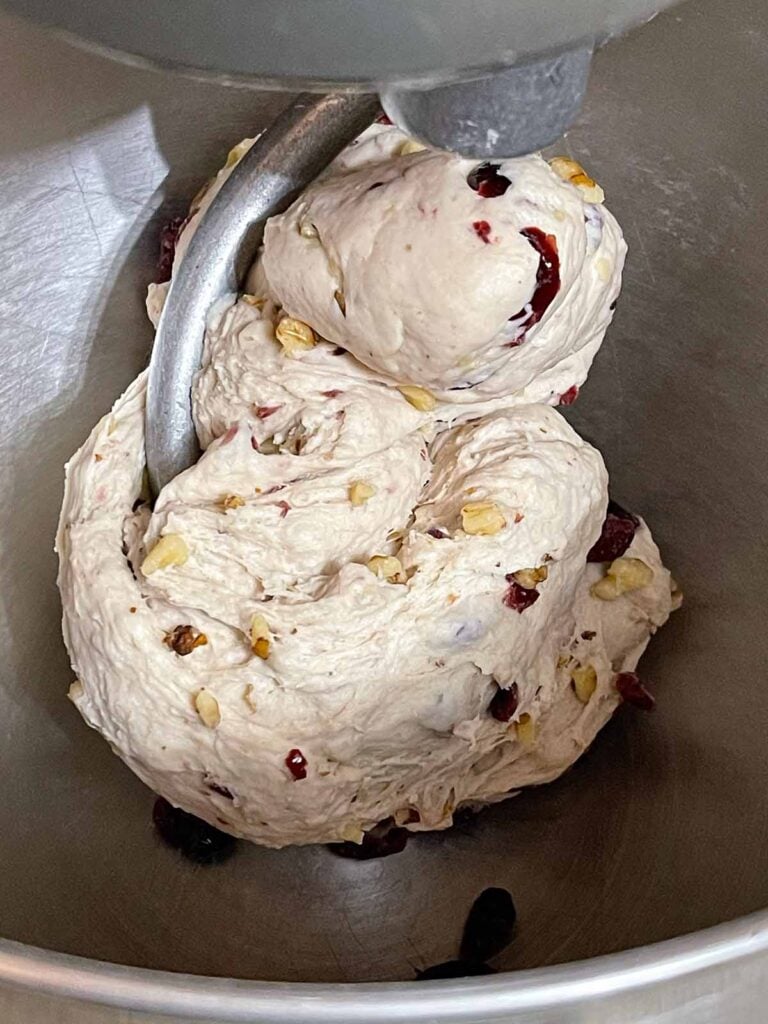 Finished cranberry walnut bread dough in the stand mixer bowl after kneading.