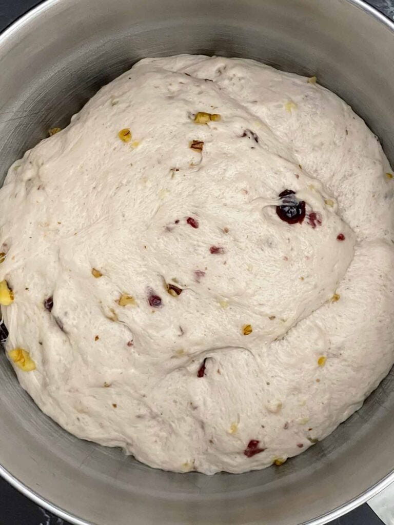 Cranberry walnut bread dough doubled in size after the first rise.
