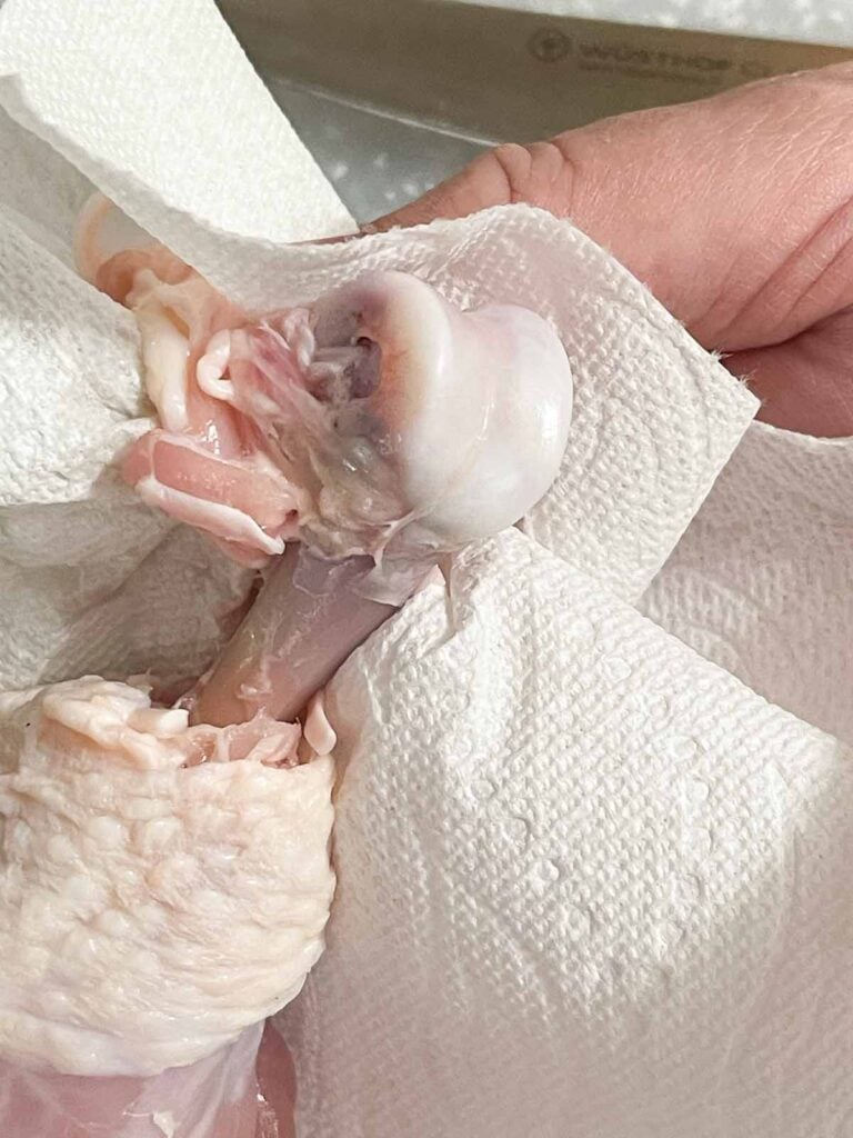 Using a paper towel to remove the skin and meat from around the joint of a chicken drumstick.